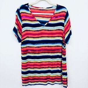 Soft Surroundings Womens Short Sleeve T Shirt Blouse Size L Sequins Stripe Multi
